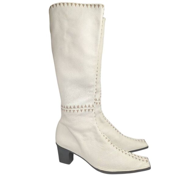 Hispanitas Cream Bone Leather Embroidered Square Toe Knee-High Boots 37 EU 6 US - Picture 1 of 9